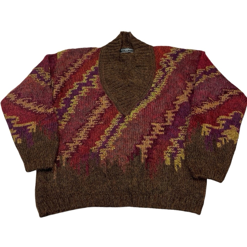 Vintage Jeanne Pierre Sweater Womens M Dark‎ Geometric Mohair Blend VNeck Grunge